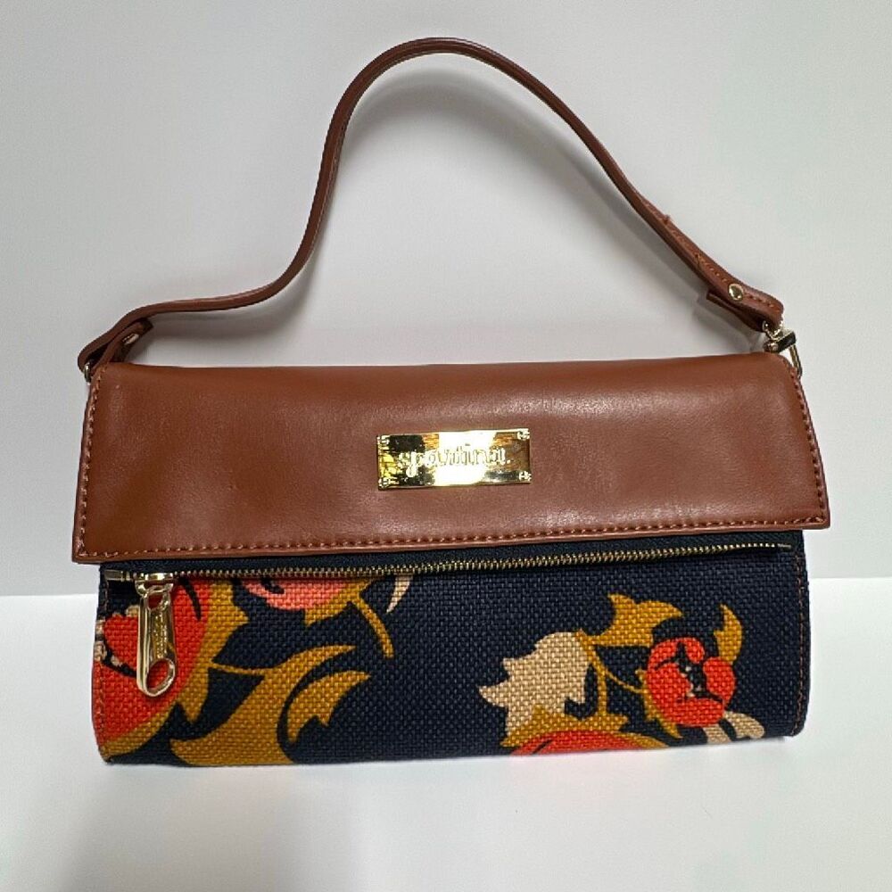 Spartina 449 Purse Leather & Natural Linen Fold-Over Top Handle Clutch Bag